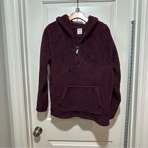 PINK women’s size S Cozy burgundy Purple Sherpa Hoodie jacket zipper neck area